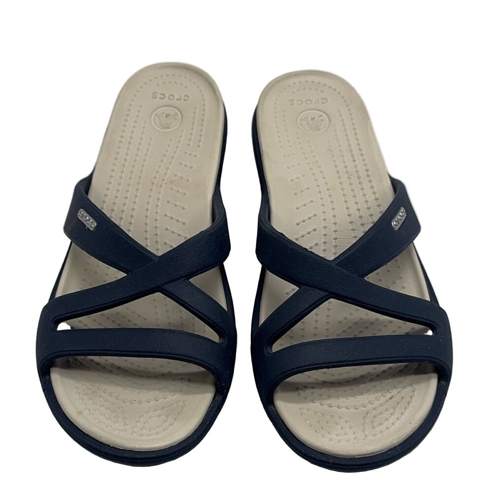 Crocs Rhonda Wedge Sandals Women's Size 8 Navy Blue Beige Slip On Comfort